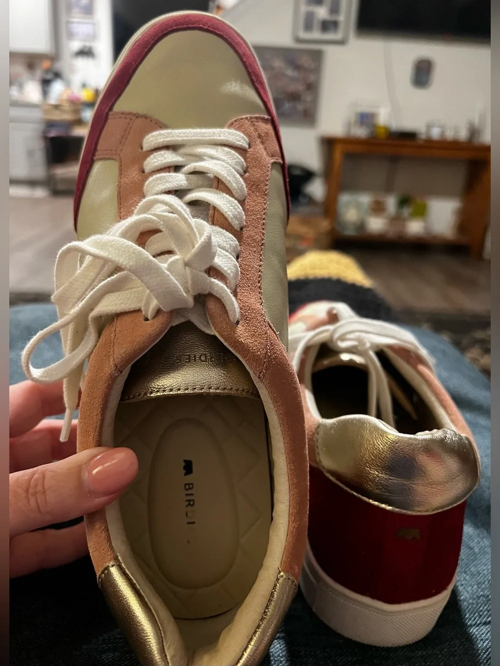 Birdies Cardinal Sneakers Pink and Gold Suede Accents Lace Up Women’s Sz 9